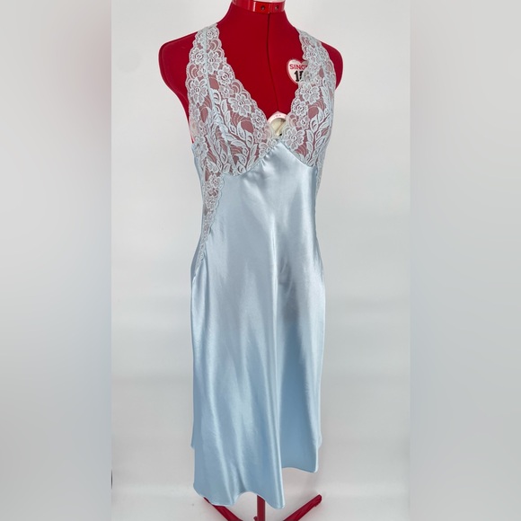 Icy Blue Lacey Satin Midi Length Slip Nightgown With Sheer Lace Panels - Picture 6 of 11